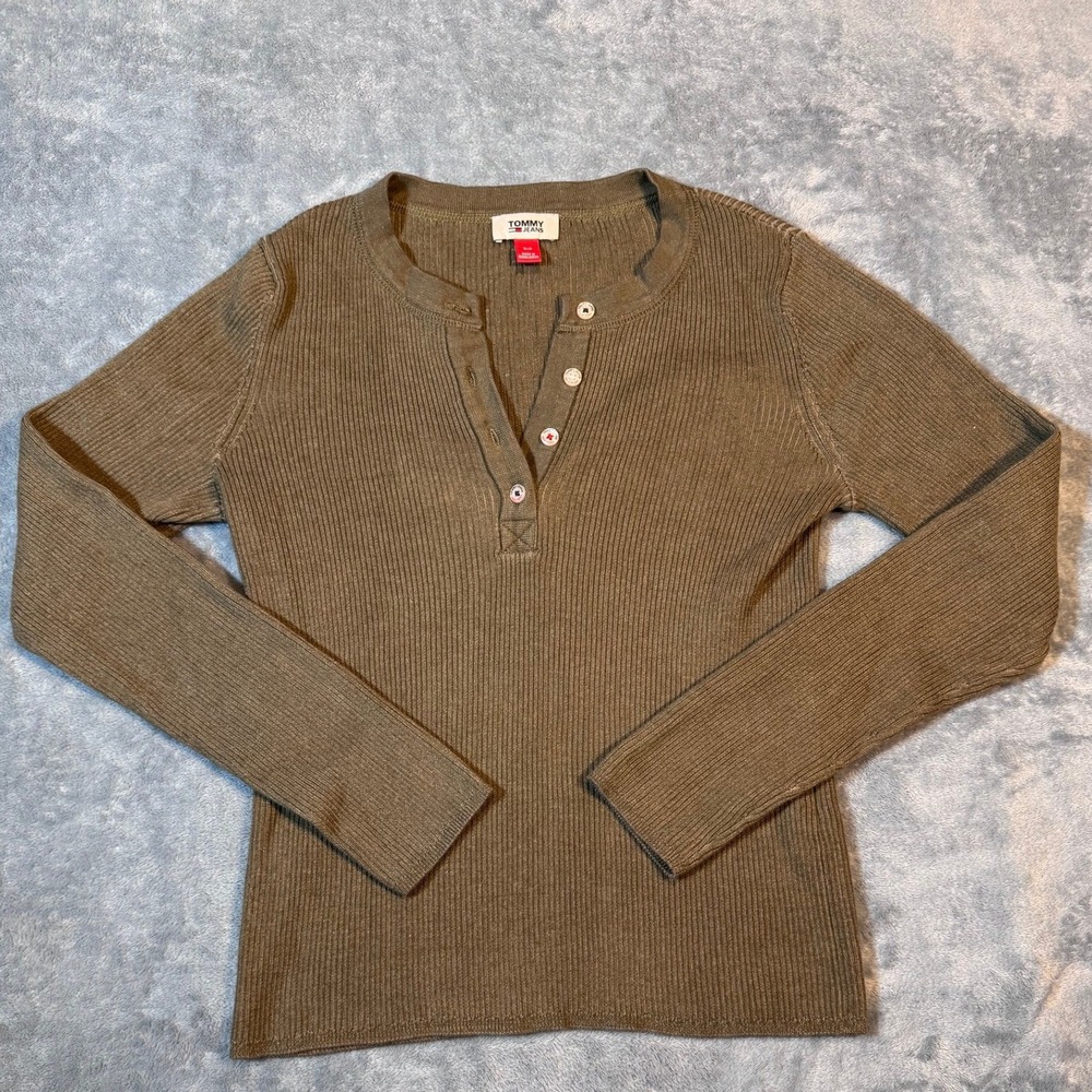 Tommy Jeans Ribbed Henley Top S Olive Green Long Sleeve Cotton Knit